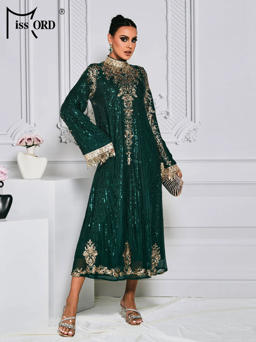 Missord New Women Muslim Dress Long Sleeves Vintage Embroidered Long Dress Middle East Arabian Robe Islamic Cloth Evening Dress - CLICK TIK