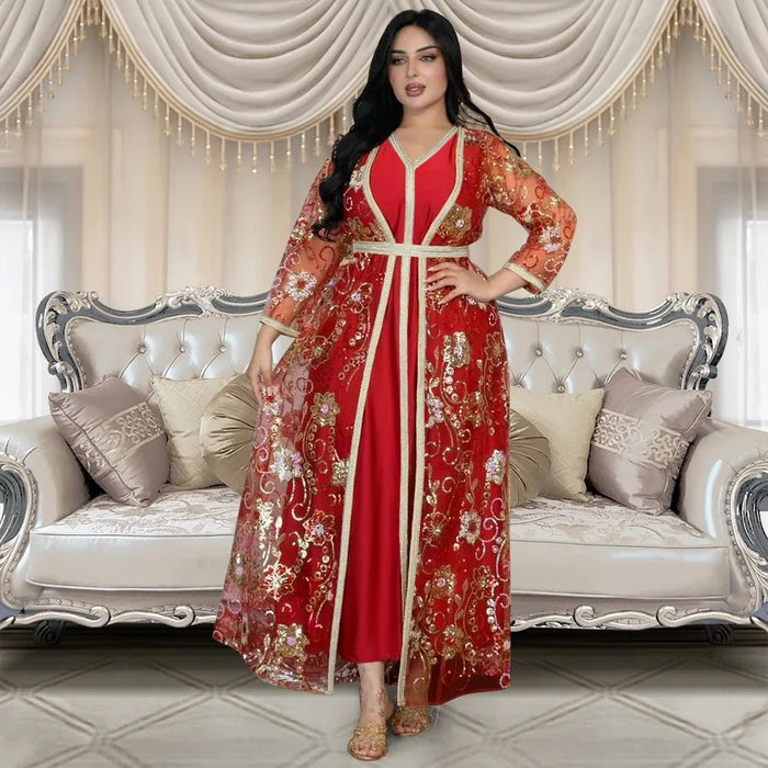 Moroccan Caftan 2 Pieces Set Muslim Dubai Abaya Kaftan For Wedding Women's 2024 New Sequins Flower Pattern Long Dress Clothing - CLICK TIK