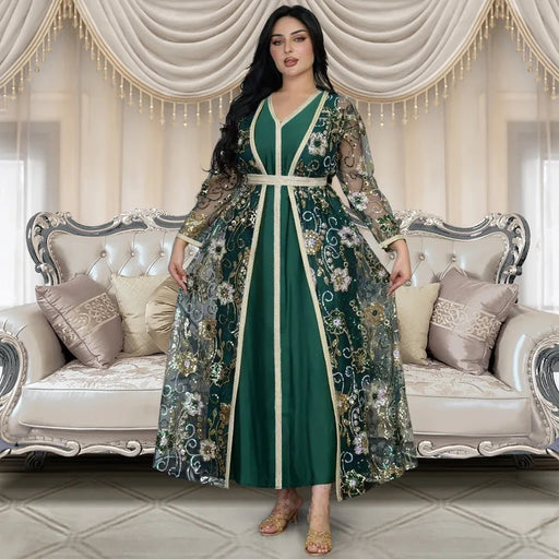 Moroccan Caftan 2 Pieces Set Muslim Dubai Abaya Kaftan For Wedding Women's 2024 New Sequins Flower Pattern Long Dress Clothing - CLICK TIK