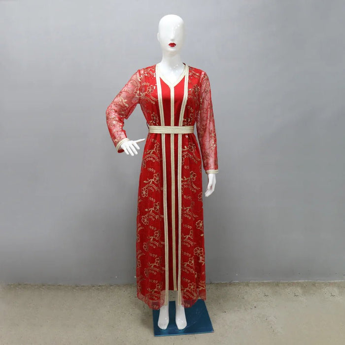 Moroccan Caftan 2 Pieces Set Muslim Dubai Abaya Kaftan For Wedding Women's 2024 New Sequins Flower Pattern Long Dress Clothing - CLICK TIK