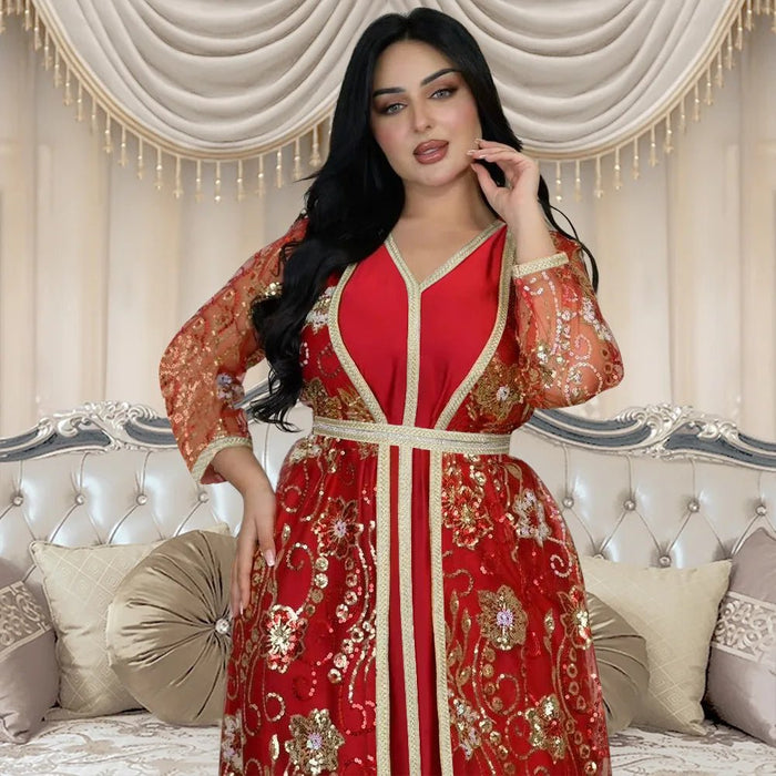 Moroccan Caftan 2 Pieces Set Muslim Dubai Abaya Kaftan For Wedding Women's 2024 New Sequins Flower Pattern Long Dress Clothing - CLICK TIK