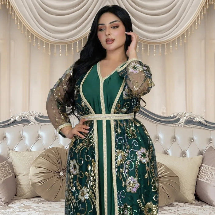 Moroccan Caftan 2 Pieces Set Muslim Dubai Abaya Kaftan For Wedding Women's 2024 New Sequins Flower Pattern Long Dress Clothing - CLICK TIK