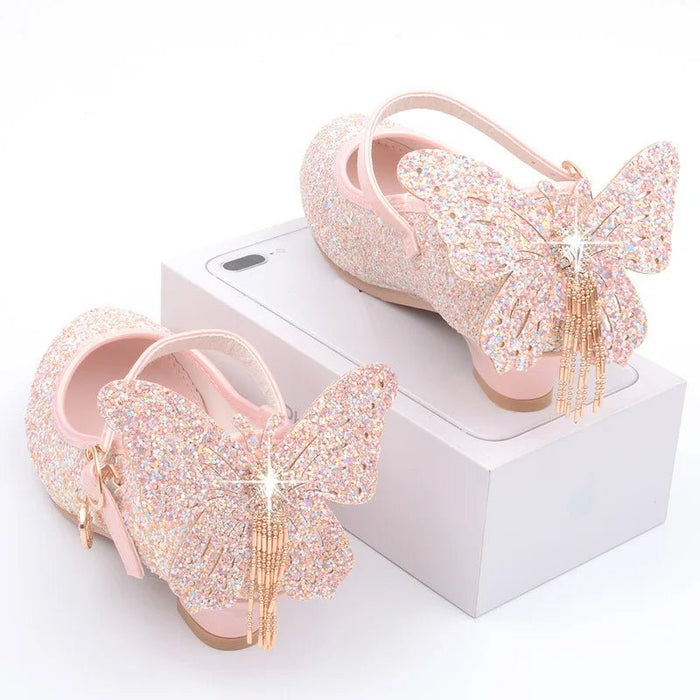 New Kids Leather Shoes Fashion Fringed Butterfly Knot Girls Princess Shoes Casual Glitter Children High Heel Student Dance Shoes - CLICK TIK