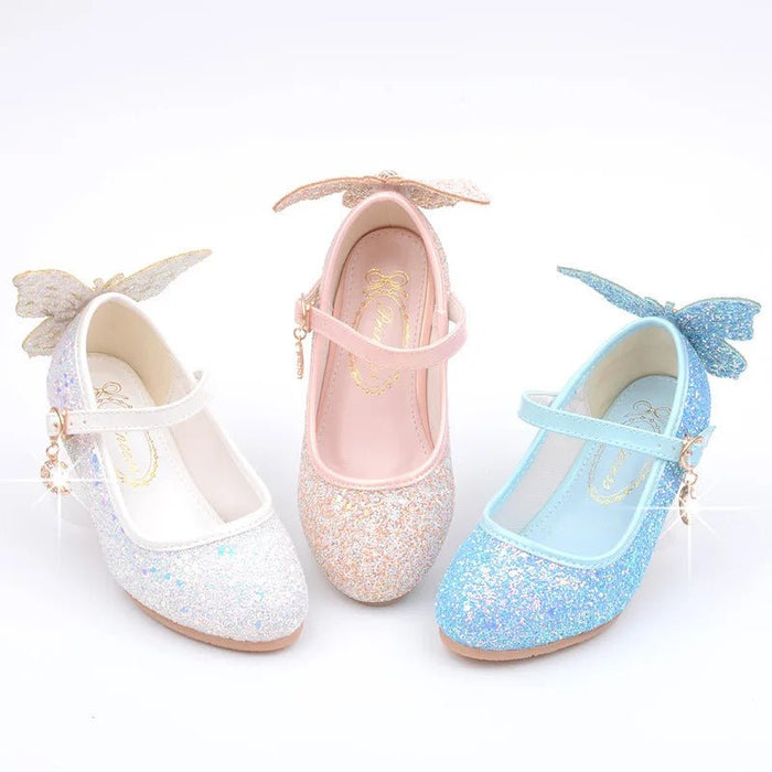 New Kids Leather Shoes Fashion Fringed Butterfly Knot Girls Princess Shoes Casual Glitter Children High Heel Student Dance Shoes - CLICK TIK