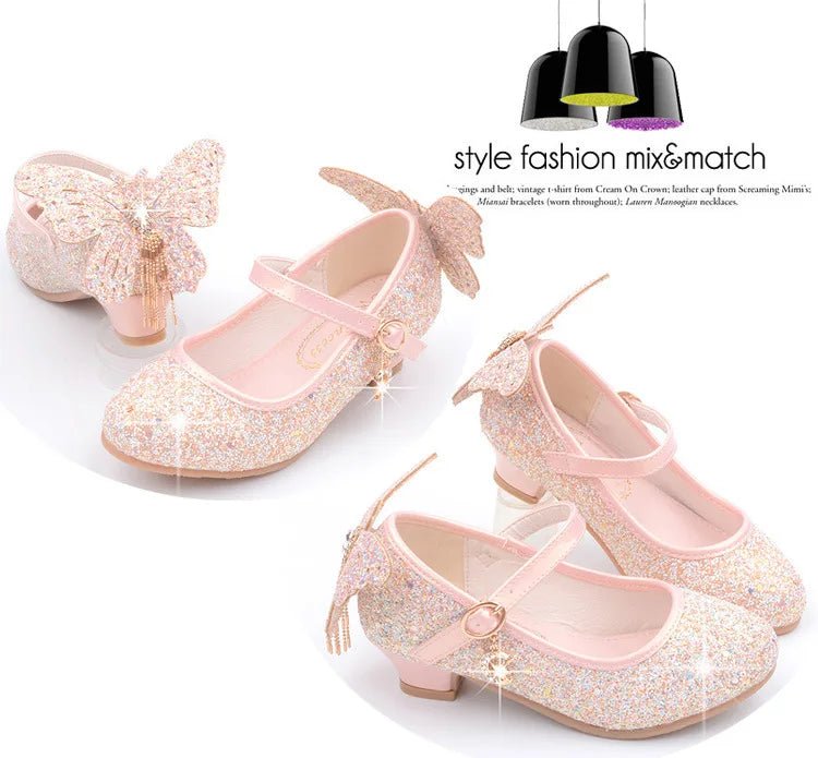 New Kids Leather Shoes Fashion Fringed Butterfly Knot Girls Princess Shoes Casual Glitter Children High Heel Student Dance Shoes - CLICK TIK
