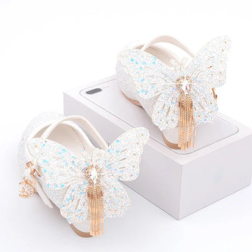 New Kids Leather Shoes Fashion Fringed Butterfly Knot Girls Princess Shoes Casual Glitter Children High Heel Student Dance Shoes - CLICK TIK