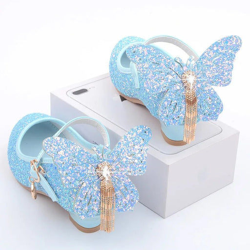 New Kids Leather Shoes Fashion Fringed Butterfly Knot Girls Princess Shoes Casual Glitter Children High Heel Student Dance Shoes - CLICK TIK