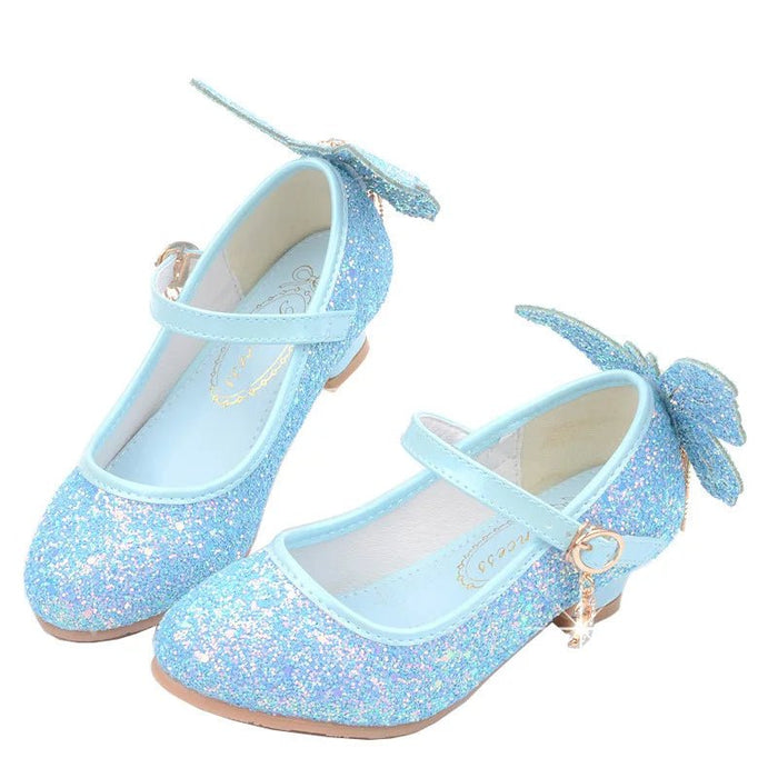 New Kids Leather Shoes Fashion Fringed Butterfly Knot Girls Princess Shoes Casual Glitter Children High Heel Student Dance Shoes - CLICK TIK