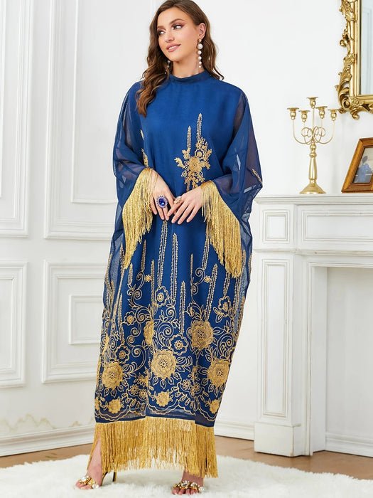 Ramadan Middle East Islamic Muslim Luxury Fashion Robe Women's Wear European and American Bat Sleeves Tassel Spliced Abaya Dress - CLICK TIK