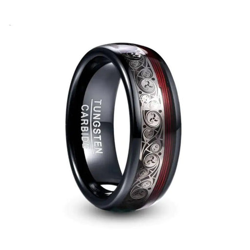 Spiral Motif and Red Guitar String Tungsten Ring - CLICK TIK