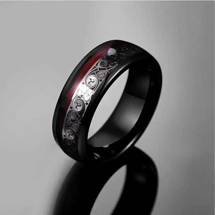 Spiral Motif and Red Guitar String Tungsten Ring - CLICK TIK