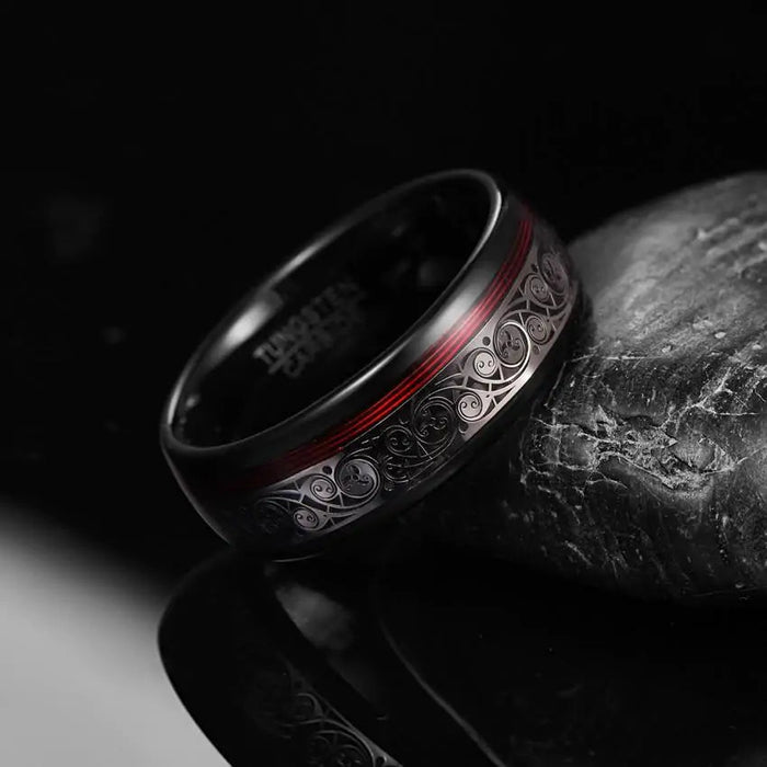 Spiral Motif and Red Guitar String Tungsten Ring - CLICK TIK