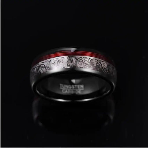 Spiral Motif and Red Guitar String Tungsten Ring - CLICK TIK
