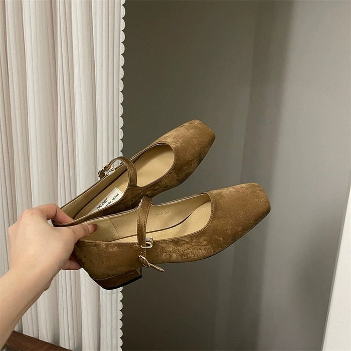 Square Toe Vintage Strap Satin Surface Mary Jane Shoes - CLICK TIK