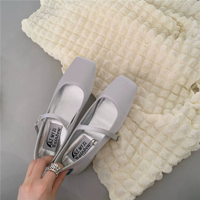 Square Toe Vintage Strap Satin Surface Mary Jane Shoes - CLICK TIK