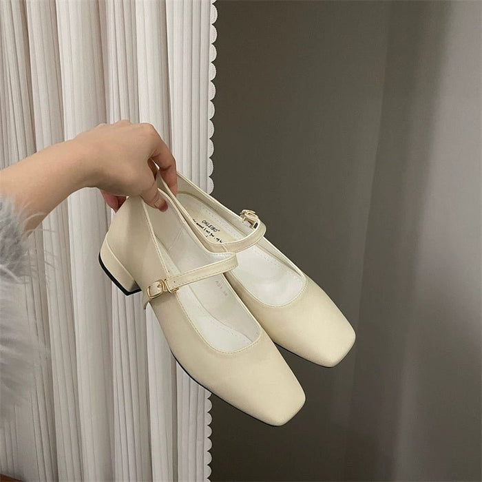 Square Toe Vintage Strap Satin Surface Mary Jane Shoes - CLICK TIK