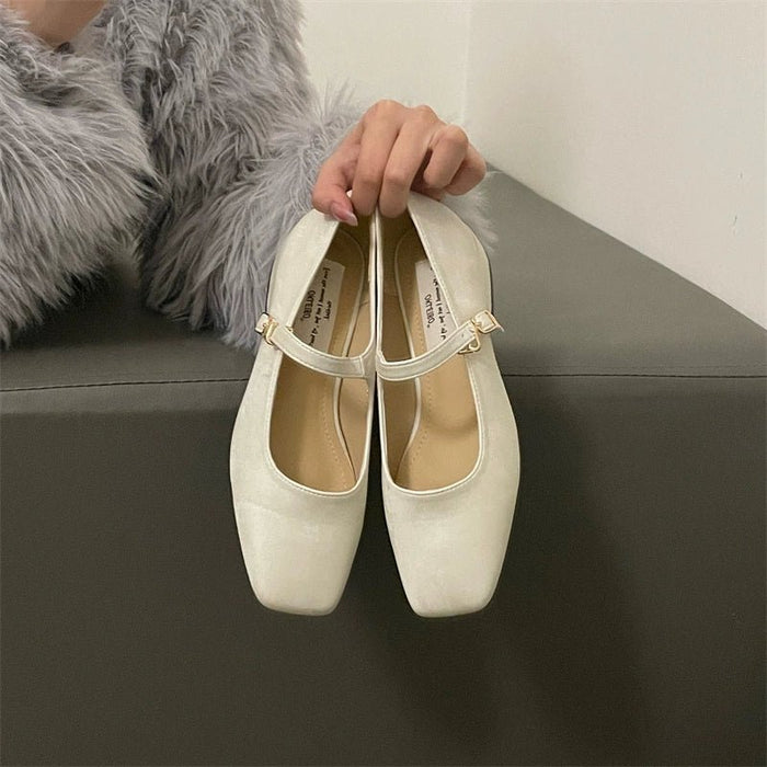Square Toe Vintage Strap Satin Surface Mary Jane Shoes - CLICK TIK