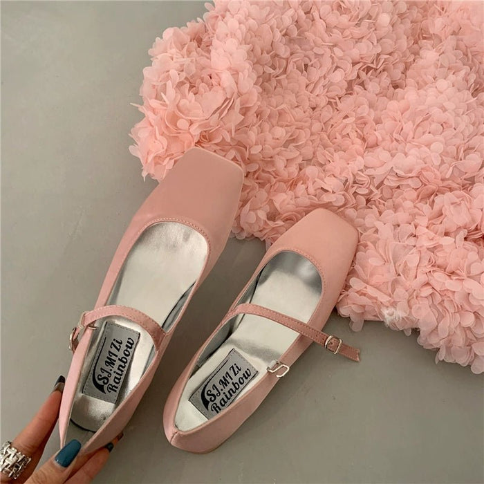 Square Toe Vintage Strap Satin Surface Mary Jane Shoes - CLICK TIK