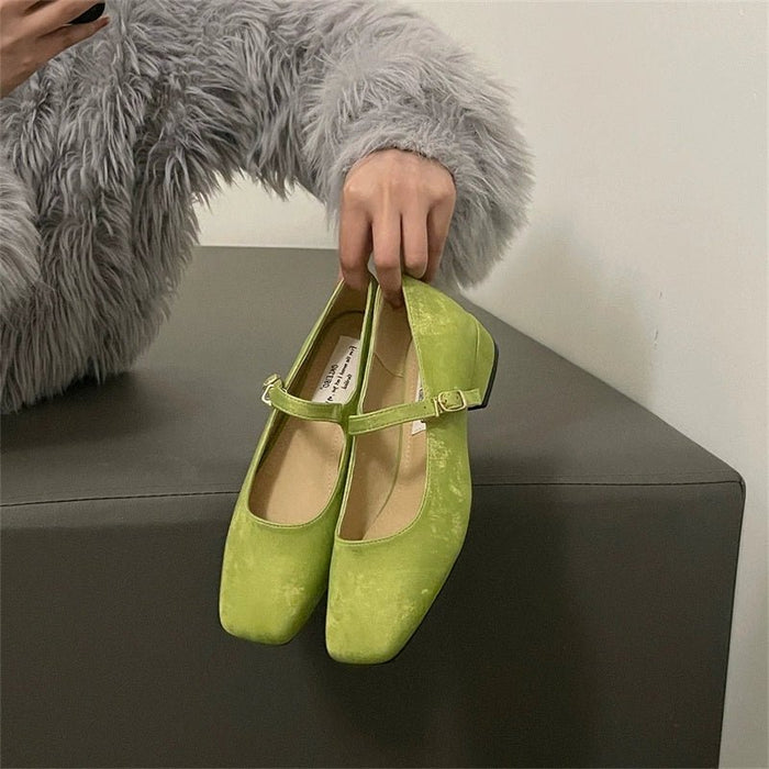 Square Toe Vintage Strap Satin Surface Mary Jane Shoes - CLICK TIK