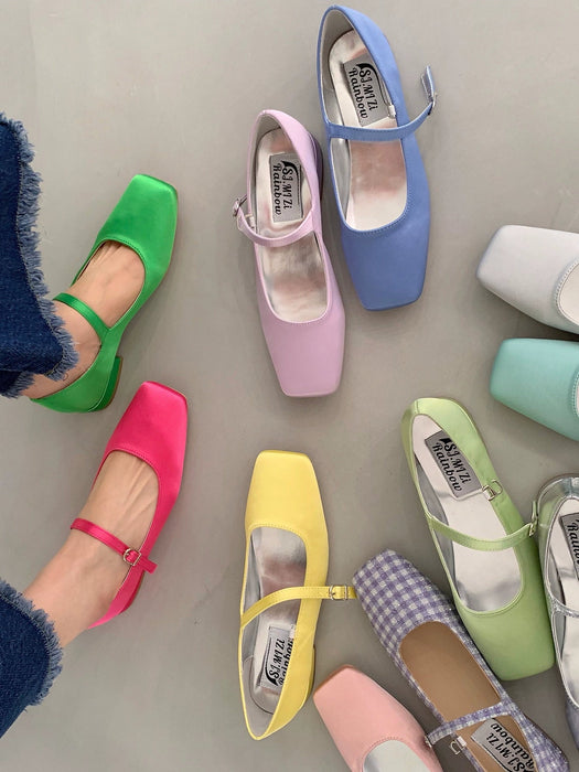 Square Toe Vintage Strap Satin Surface Mary Jane Shoes - CLICK TIK