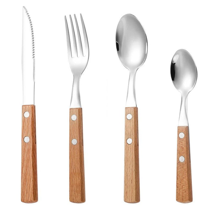 Stainless Steel Tableware Reusable Portable Set Mirror Silverware Wood Handle Knife Fork Spoon Home Kitchen Western Cutlery - CLICK TIK