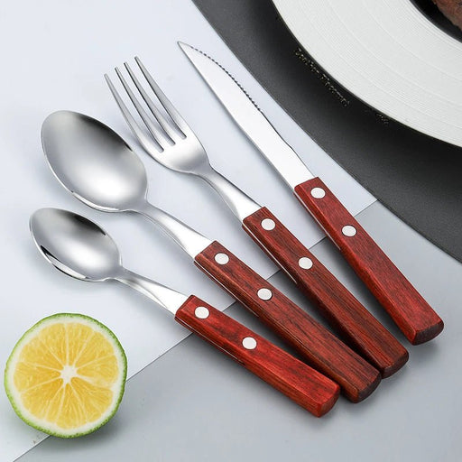 Stainless Steel Tableware Reusable Portable Set Mirror Silverware Wood Handle Knife Fork Spoon Home Kitchen Western Cutlery - CLICK TIK