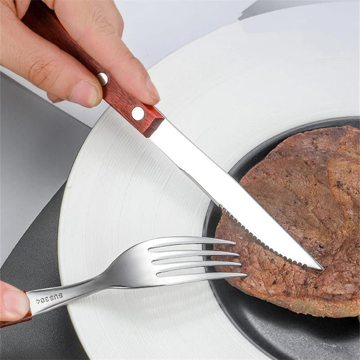 Stainless Steel Tableware Reusable Portable Set Mirror Silverware Wood Handle Knife Fork Spoon Home Kitchen Western Cutlery - CLICK TIK
