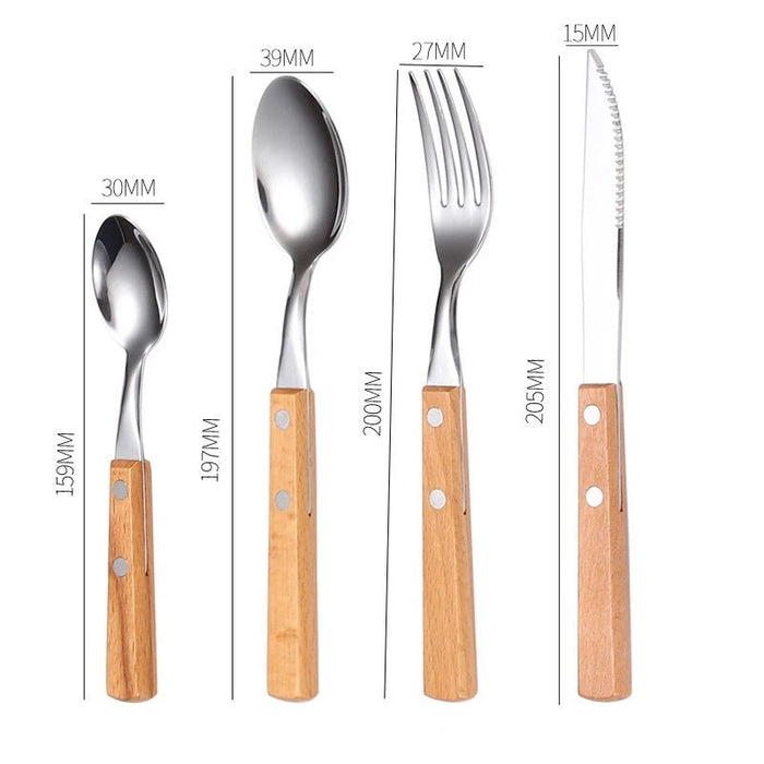 Stainless Steel Tableware Reusable Portable Set Mirror Silverware Wood Handle Knife Fork Spoon Home Kitchen Western Cutlery - CLICK TIK
