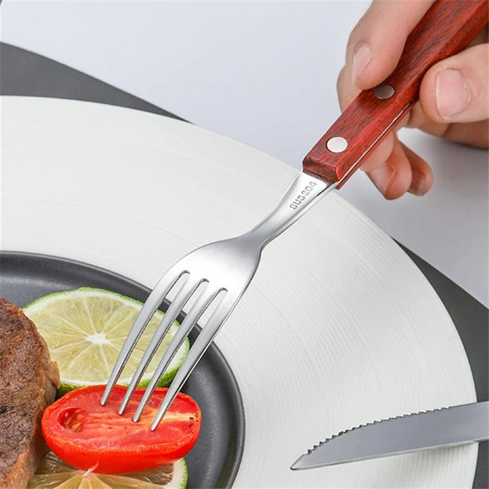 Stainless Steel Tableware Reusable Portable Set Mirror Silverware Wood Handle Knife Fork Spoon Home Kitchen Western Cutlery - CLICK TIK