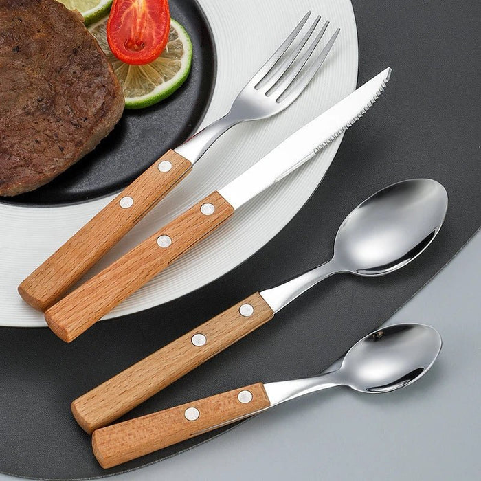 Stainless Steel Tableware Reusable Portable Set Mirror Silverware Wood Handle Knife Fork Spoon Home Kitchen Western Cutlery - CLICK TIK