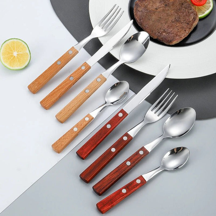 Stainless Steel Tableware Reusable Portable Set Mirror Silverware Wood Handle Knife Fork Spoon Home Kitchen Western Cutlery - CLICK TIK