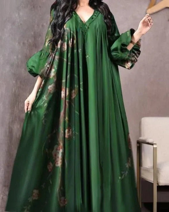 Vintage Printed Dress Women Breathable Loose Middle Eastern Robe Casual Long Sleeve Abaya V - neck Loose Muslim Abayas for Women - CLICK TIK