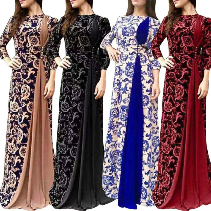 Vintage Summer Autumn Dress Women Muslim Party Flower Dresses Floral Printing 3/4 Sleeve Robe Long Maxi Dress Gown Islam - CLICK TIK