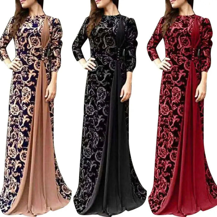 Vintage Summer Autumn Dress Women Muslim Party Flower Dresses Floral Printing 3/4 Sleeve Robe Long Maxi Dress Gown Islam - CLICK TIK