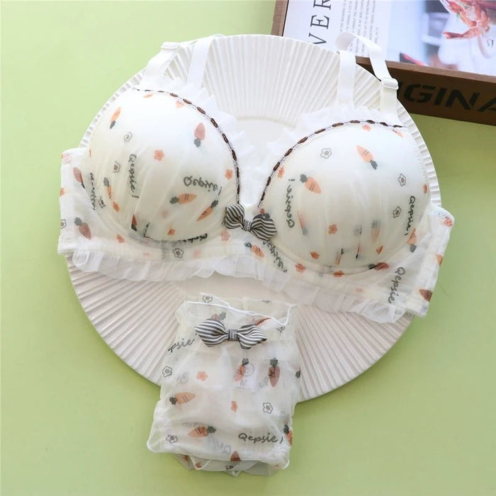 Wirefree sweet girl underwear set thin cute printing gathered bra large size women lingerie sexy lace bralette panty suit - CLICK TIK