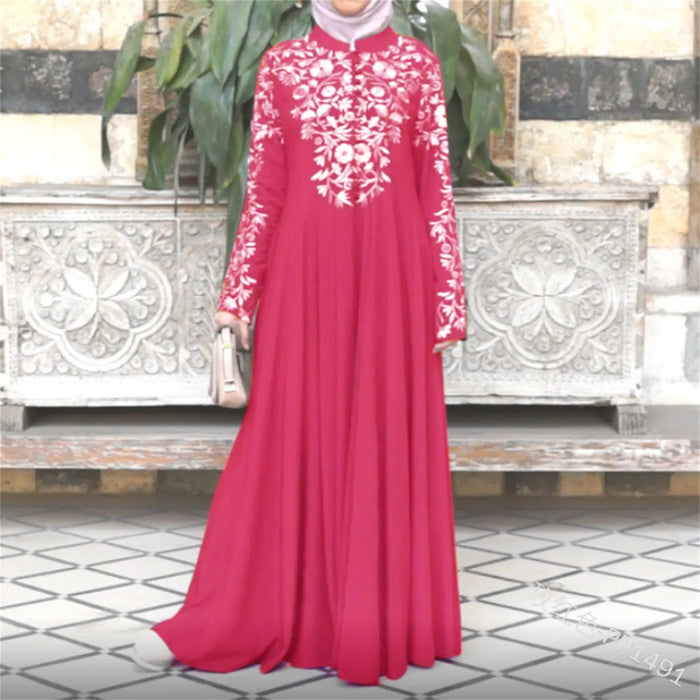 Women's Muslim Long Dresses Oversized Loose Floral Printed Casual Long Sleeved Ramadan Outfit Islamic Dubai Modest Abaya - CLICK TIK