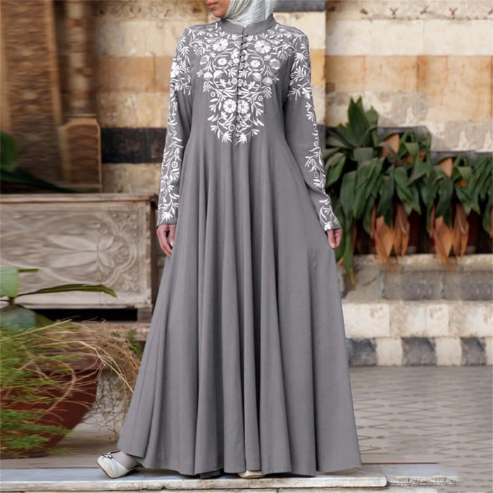Women's Muslim Long Dresses Oversized Loose Floral Printed Casual Long Sleeved Ramadan Outfit Islamic Dubai Modest Abaya - CLICK TIK