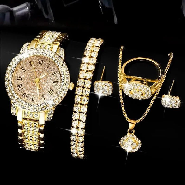 Women's Silvery Watch Ring Necklace Earrings Bracelet Set Rhinestone Fashion Wristwatch Female Casual Ladies Quartz Watches - CLICK TIK