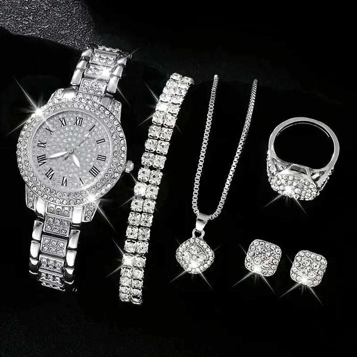 Women's Silvery Watch Ring Necklace Earrings Bracelet Set Rhinestone Fashion Wristwatch Female Casual Ladies Quartz Watches - CLICK TIK