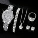 Women's Silvery Watch Ring Necklace Earrings Bracelet Set Rhinestone Fashion Wristwatch Female Casual Ladies Quartz Watches - CLICK TIK
