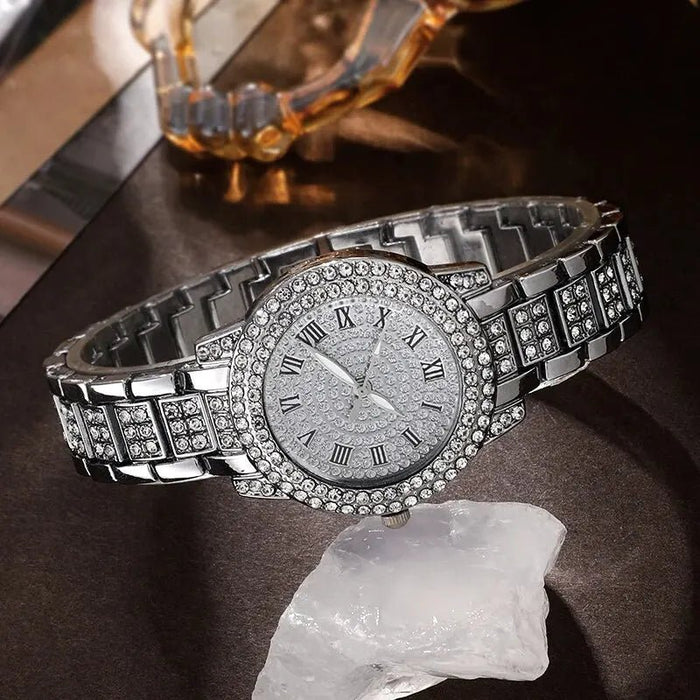 Women's Silvery Watch Ring Necklace Earrings Bracelet Set Rhinestone Fashion Wristwatch Female Casual Ladies Quartz Watches - CLICK TIK