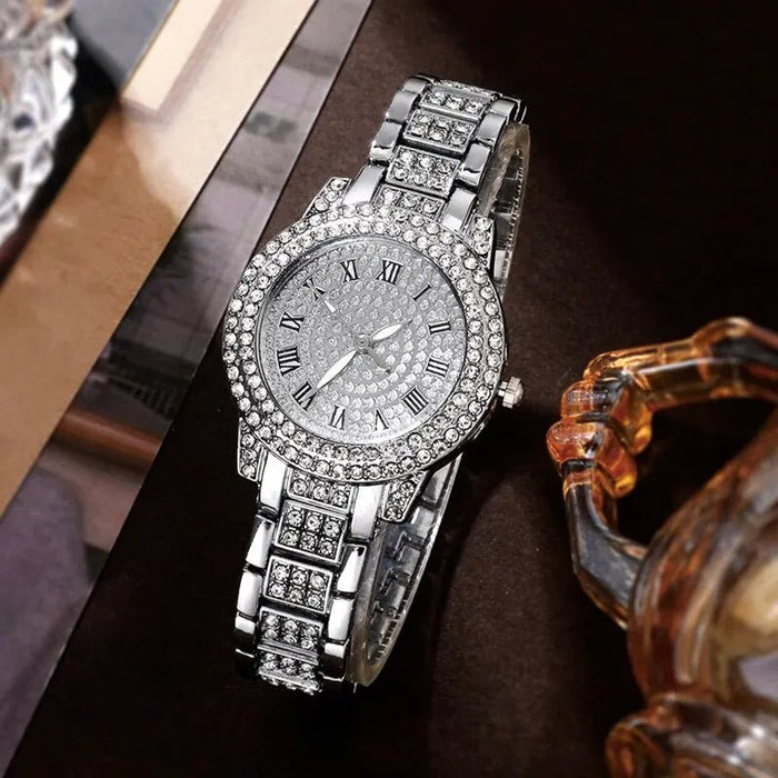 Women's Silvery Watch Ring Necklace Earrings Bracelet Set Rhinestone Fashion Wristwatch Female Casual Ladies Quartz Watches - CLICK TIK